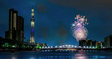 The fireworks of the Tokyo Bay Fireworks near the Tokyo Sky Tree.