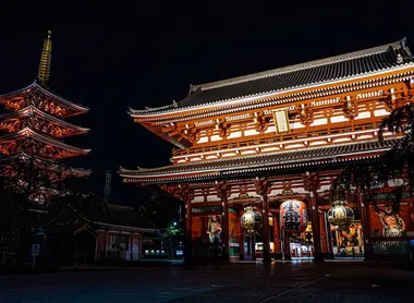 Sensoji temple and Pagoda lit up at night.