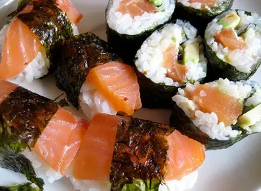 Maki and nigiri sushi wrapped in nori
