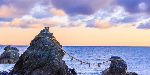 The Wedded Rocks are two sacred rocks in the ocean close to spiritual city of Ise