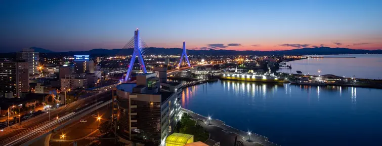 Lights of the city overlooking Aomori Bay Bridge