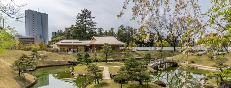 Pond with bridges over in a garden in Kanazawa