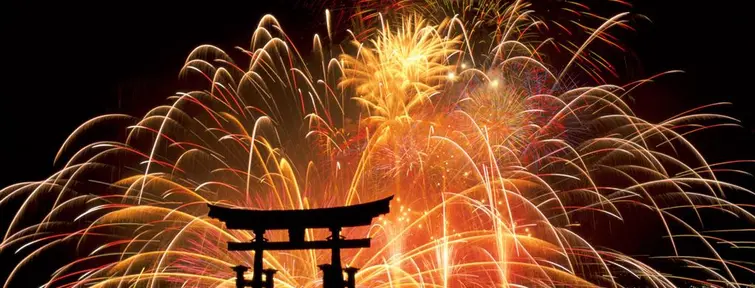 Fireworks near the sanctuary itsukushima in Miyajima 